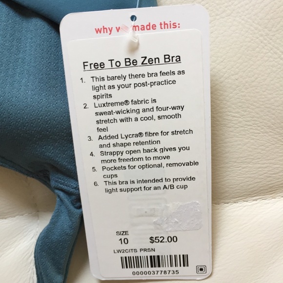 NWT PRSN BLUE LULULEMON FREE TO BE ZEN BRA - - 10 - Picture 3 of 6